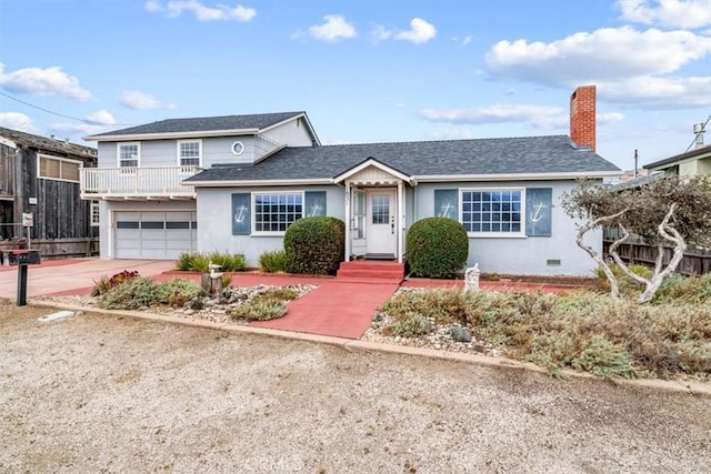 1851 Pacific Ave, Cayucos, CA 93430 - view of front facade with concrete driveway, stucco siding, a chimney, a garage, and a shingled roof