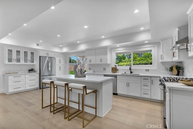 9500 Texhoma Ave, Northridge, CA 91325 - kitchen featuring appliances with stainless steel finishes, exhaust hood, light wood finished floors, a kitchen island, and recessed lighting