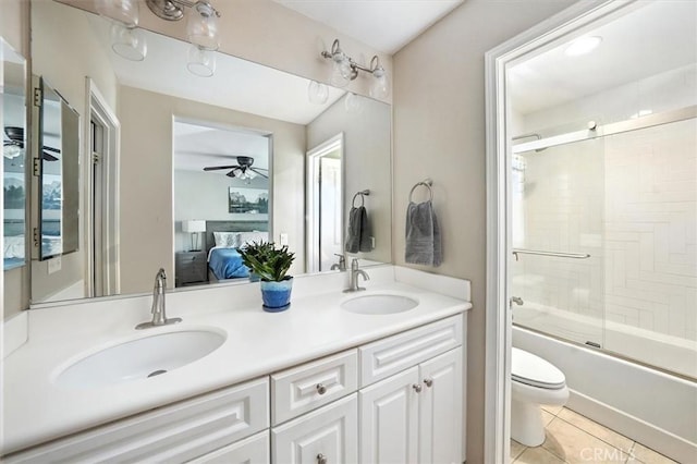 28440 Casselman Ln Unit 361, Saugus, CA 91350 - bathroom with double vanity, tile patterned flooring, shower / bath combination with glass door, ceiling fan, and ensuite bathroom