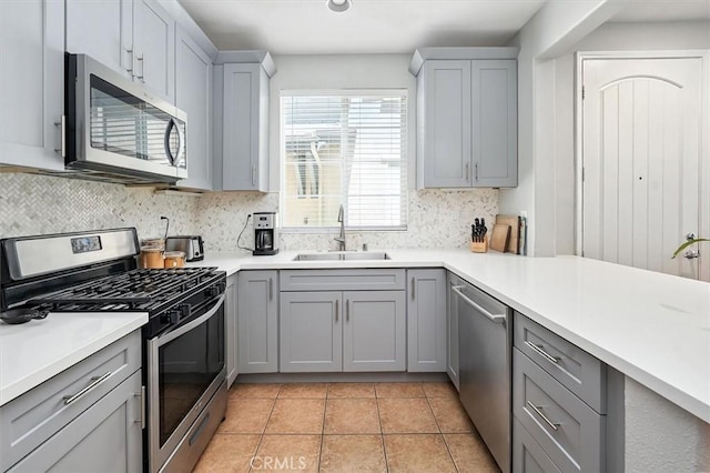 28440 Casselman Ln Unit 361, Saugus, CA 91350 - kitchen with appliances with stainless steel finishes, gray cabinets, decorative backsplash, and light countertops
