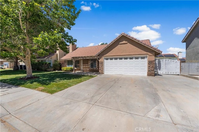 37537 Sabal Ct, Palmdale, CA 93552 - ranch-style home with a tile roof, a garage, driveway, and a chimney
