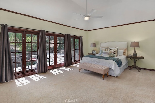 6137 Paseo La Vis, Woodland Hills, CA 91367 - carpeted bedroom with french doors, access to outside, lofted ceiling, a ceiling fan, and crown molding