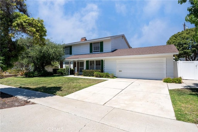 2880 Club House Rd, Costa Mesa, CA 92626 - traditional-style house featuring an attached garage, concrete driveway, a chimney, and covered porch