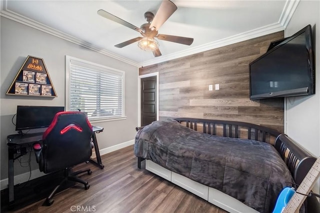 780 S Briargate Ln, Covina, CA 91723 - bedroom featuring crown molding, wood finished floors, wooden walls, and ceiling fan