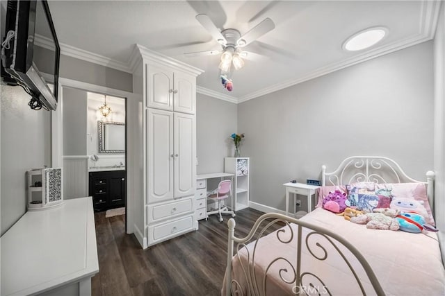 780 S Briargate Ln, Covina, CA 91723 - bedroom featuring dark wood finished floors, a desk, ornamental molding, ceiling fan, and connected bathroom