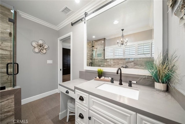 780 S Briargate Ln, Covina, CA 91723 - full bath featuring ornamental molding, vanity, a shower stall, and a chandelier