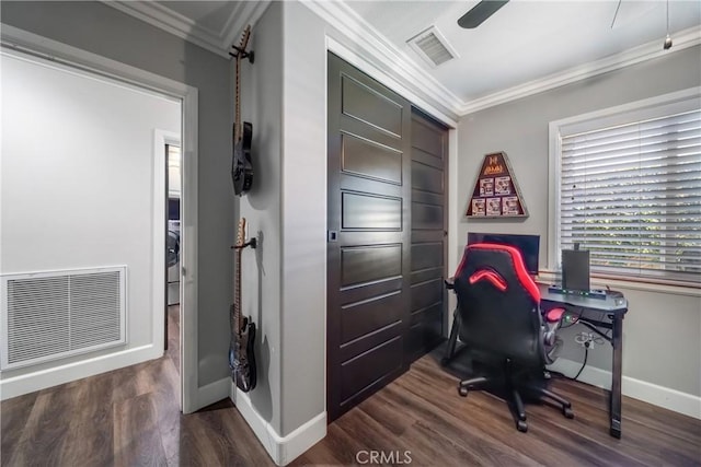 780 S Briargate Ln, Covina, CA 91723 - office area featuring crown molding and dark wood-style flooring