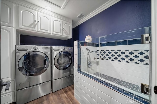 780 S Briargate Ln, Covina, CA 91723 - laundry room featuring independent washer and dryer, cabinet space, crown molding, and dark wood-style flooring