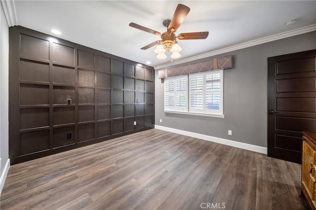 780 S Briargate Ln, Covina, CA 91723 - unfurnished room with crown molding, a ceiling fan, wood finished floors, and a decorative wall