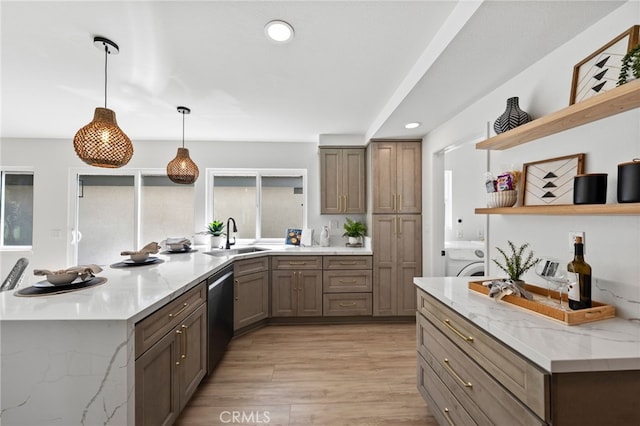41442 Avenida De La Reina, Temecula, CA 92592 - kitchen featuring open shelves, dishwasher, recessed lighting, light wood-style floors, and decorative light fixtures