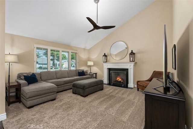 2168 N Agate St, Orange, CA 92867 - living area with a ceiling fan, carpet flooring, a fireplace with flush hearth, and high vaulted ceiling