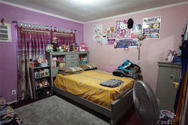1063 Quarry St, Corona, CA 92879 - carpeted bedroom featuring a textured ceiling, crown molding, and a wall unit AC