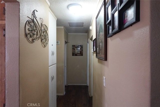 1063 Quarry St, Corona, CA 92879 - hallway featuring wood finished floors, crown molding, and a textured ceiling