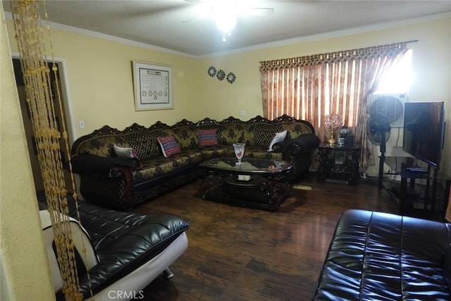 1063 Quarry St, Corona, CA 92879 - living area with wood finished floors, ceiling fan, and ornamental molding