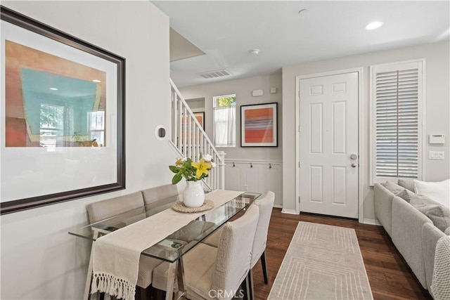 22088 Barrington Way, Saugus, CA 91350 - dining room featuring stairs and dark wood-type flooring