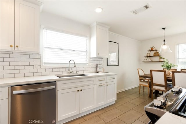 817 Caballo Ave, Glendora, CA 91740 - kitchen featuring dishwasher, backsplash, white cabinets, light countertops, and crown molding