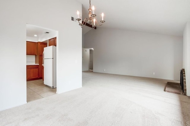 3694 Branch Ct, Oceanside, CA 92058 - unfurnished living room with light carpet, a chandelier, and high vaulted ceiling