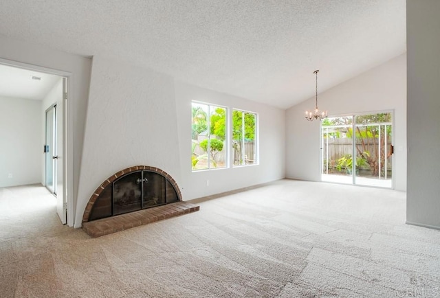 3694 Branch Ct, Oceanside, CA 92058 - unfurnished living room featuring carpet, a chandelier, vaulted ceiling, a brick fireplace, and a textured ceiling