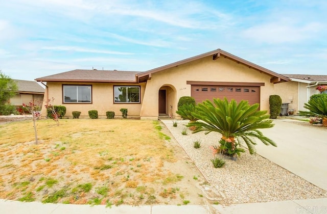 3694 Branch Ct, Oceanside, CA 92058 - ranch-style home with stucco siding, an attached garage, a front lawn, and concrete driveway
