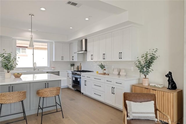 1700 Perkins Ln, Redondo Beach, CA 90278 - kitchen with wall chimney range hood, high end stove, a kitchen bar, tasteful backsplash, and light countertops