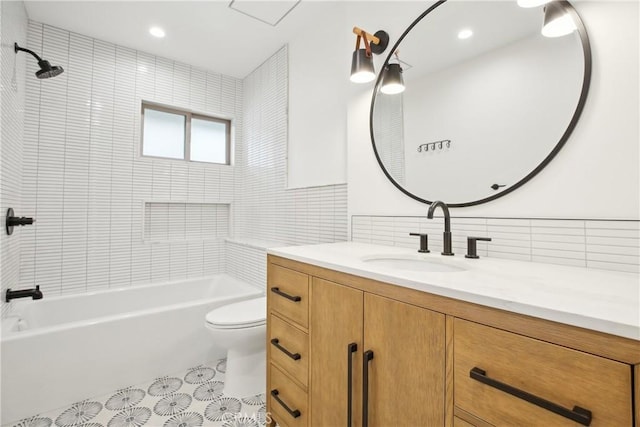 1147 Charleston St, Costa Mesa, CA 92626 - bathroom with vanity, shower / washtub combination, decorative backsplash, tile walls, and tile patterned floors