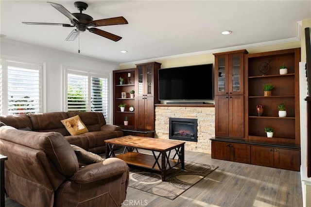 2350 Claudia St, Corona, CA 92882 - living room with ceiling fan, wood finished floors, a fireplace, crown molding, and recessed lighting