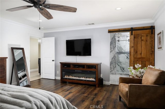 2350 Claudia St, Corona, CA 92882 - bedroom featuring crown molding, wood finished floors, recessed lighting, a barn door, and ceiling fan