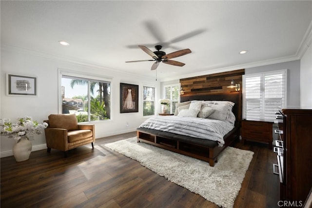 2350 Claudia St, Corona, CA 92882 - bedroom featuring ornamental molding, dark wood-style floors, recessed lighting, and ceiling fan