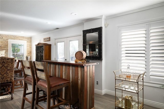2350 Claudia St, Corona, CA 92882 - indoor dry bar featuring dark wood-style floors and ornamental molding