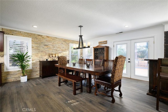 2350 Claudia St, Corona, CA 92882 - dining space featuring plenty of natural light, a textured ceiling, ornamental molding, dark wood finished floors, and a chandelier