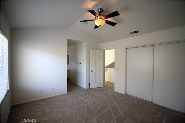 9 Greenwich Ct, Aliso Viejo, CA 92656 - unfurnished bedroom featuring vaulted ceiling, carpet floors, a closet, and ceiling fan