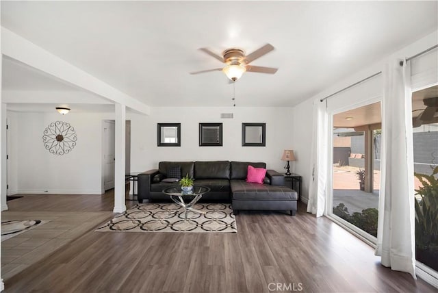 1322 W 6th St, Ontario, CA 91762 - living area with wood finished floors and a ceiling fan