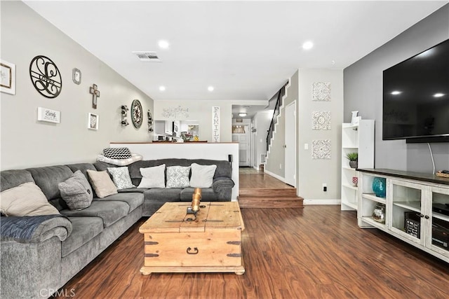 12301 Osborne St Unit 67, Pacoima, CA 91331 - living room with wood finished floors, stairway, and recessed lighting