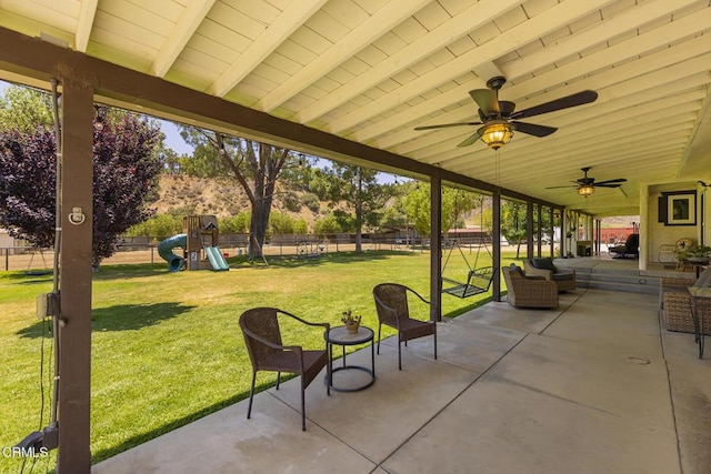 30370 Bouquet Canyon Rd, Santa Clarita, CA 91390 - fenced backyard with a patio, a ceiling fan, and a playground