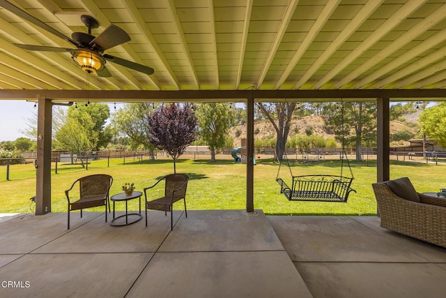30370 Bouquet Canyon Rd, Santa Clarita, CA 91390 - fenced backyard featuring ceiling fan and a patio area