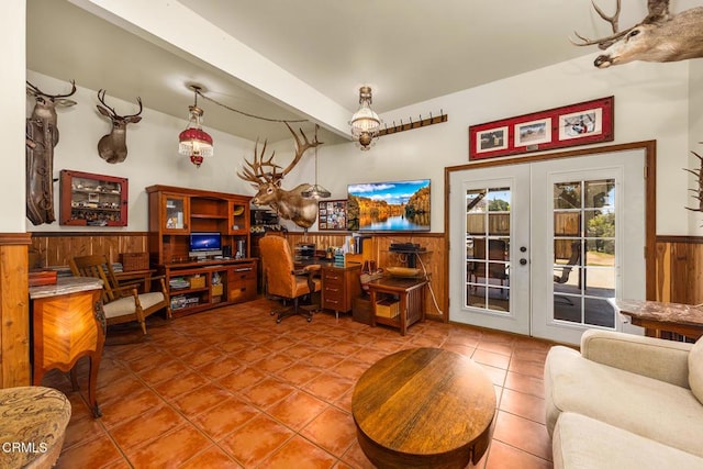 30370 Bouquet Canyon Rd, Santa Clarita, CA 91390 - home office with french doors, wainscoting, tile patterned flooring, and wood walls