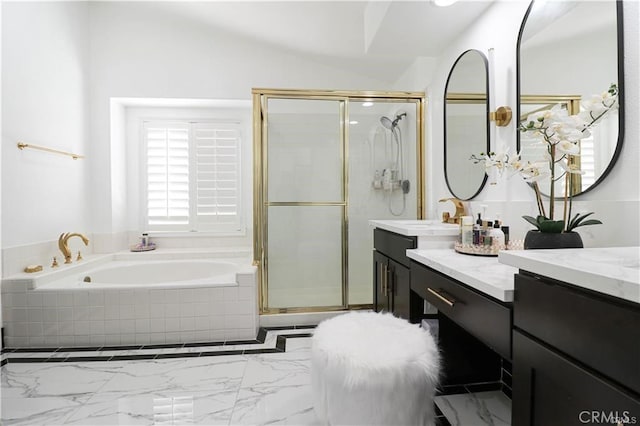 2430 Spring Meadow Dr, Chino Hills, CA 91709 - full bathroom featuring vanity, a bath, a shower stall, and marble finish flooring