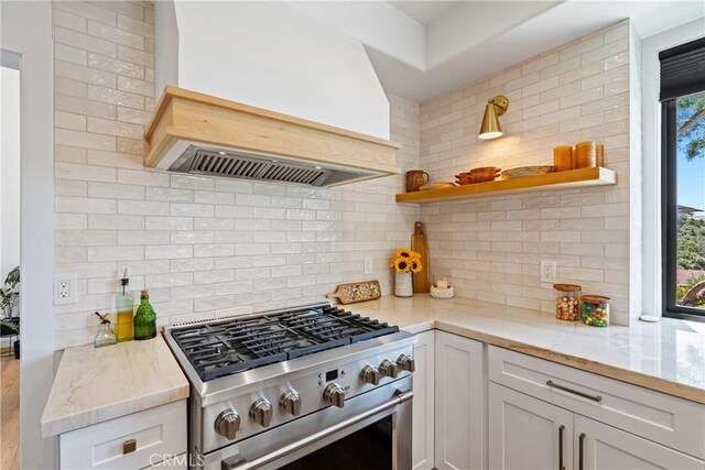 433 Emerald Bay Dr, Arroyo Grande, CA 93420 - kitchen featuring high end stainless steel range, custom range hood, and backsplash