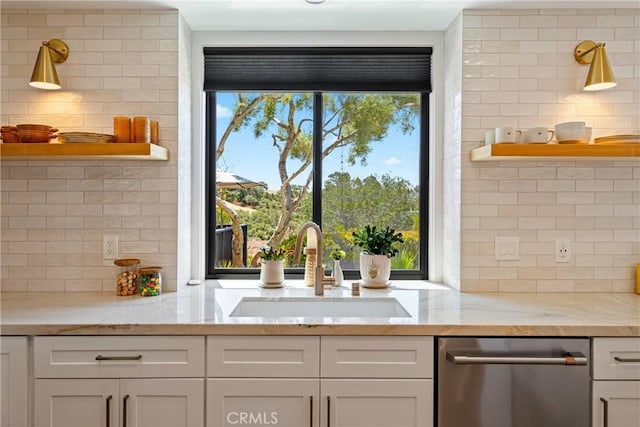 433 Emerald Bay Dr, Arroyo Grande, CA 93420 - kitchen featuring open shelves, stainless steel dishwasher, tasteful backsplash, and white cabinetry