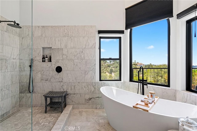 433 Emerald Bay Dr, Arroyo Grande, CA 93420 - bathroom with a freestanding bath, walk in shower, plenty of natural light, and tile walls