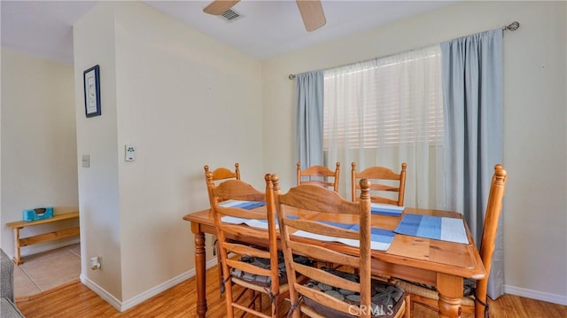 448 Delle Dr, Crestline, CA 92325 - dining area with light wood finished floors and ceiling fan