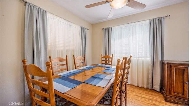 448 Delle Dr, Crestline, CA 92325 - dining area with light wood-style floors and ceiling fan