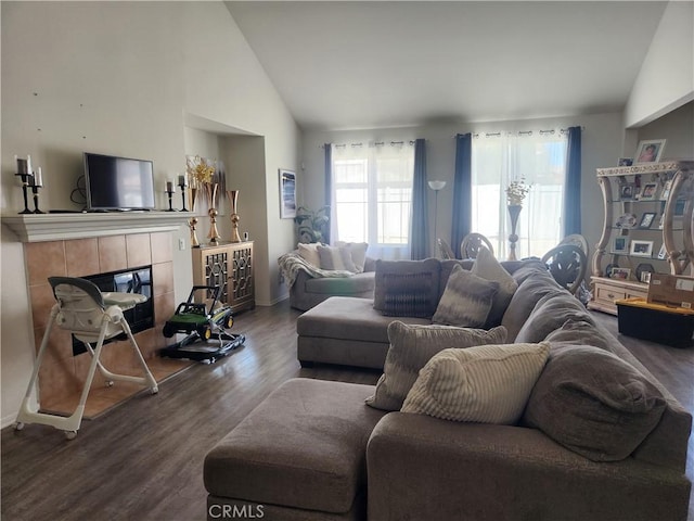 37882 Lopez Ln, Palmdale, CA 93552 - living area featuring wood finished floors, vaulted ceiling, and a tiled fireplace