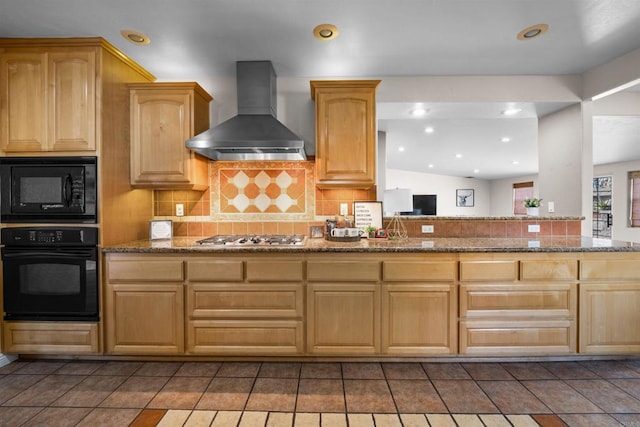 1415 Rex Ln, El Cajon, CA 92021 - kitchen featuring black appliances, wall chimney exhaust hood, decorative backsplash, stone countertops, and recessed lighting