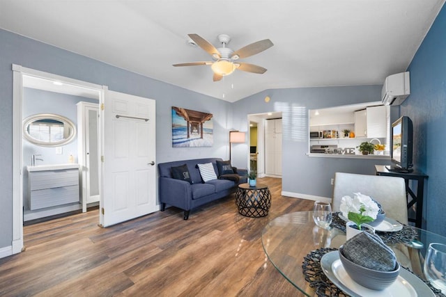 1415 Rex Ln, El Cajon, CA 92021 - living area with a wall mounted AC, wood finished floors, a ceiling fan, and lofted ceiling
