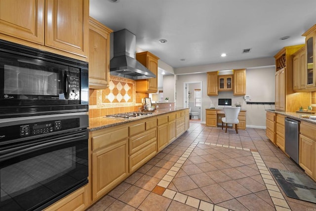 1415 Rex Ln, El Cajon, CA 92021 - kitchen with black appliances, wall chimney range hood, light tile patterned floors, backsplash, and glass insert cabinets