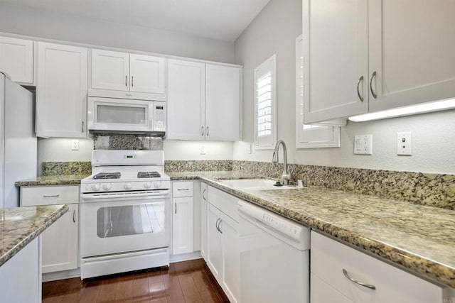 1440 Clearview Way, San Marcos, CA 92078 - kitchen with white appliances, white cabinets, dark wood-style flooring, and light stone counters