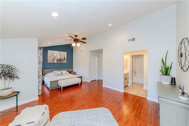 1755 Avenida Selva Unit 60, Fullerton, CA 92833 - bedroom with wood finished floors, recessed lighting, vaulted ceiling, ceiling fan, and connected bathroom