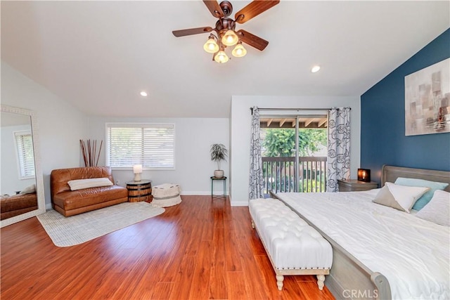 1755 Avenida Selva Unit 60, Fullerton, CA 92833 - bedroom featuring vaulted ceiling, access to exterior, wood finished floors, recessed lighting, and a ceiling fan