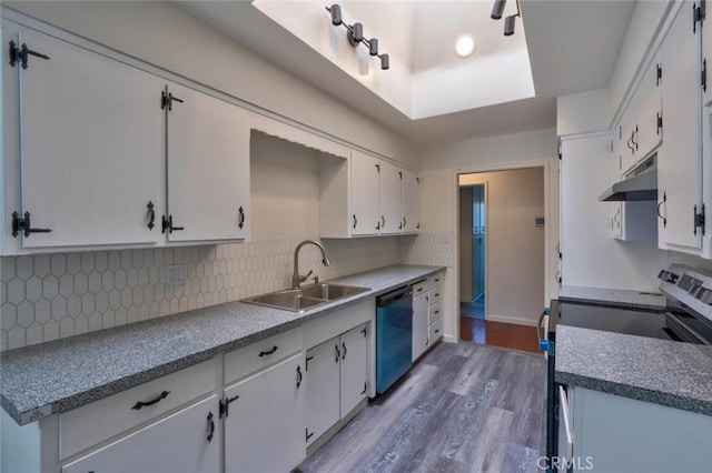 1101 Kensington Dr, Merced, CA 95340 - kitchen featuring stainless steel range with electric cooktop, dishwasher, wood finished floors, under cabinet range hood, and white cabinets